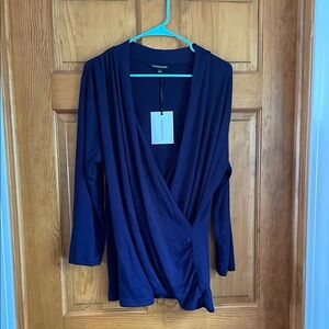 41 Hawthorn Navy Wrap Ruched Knit Blouse